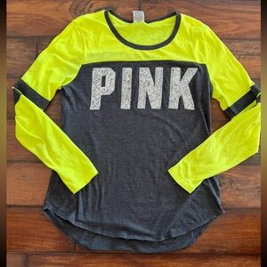 PINK Victoria's Secret Neon Yellow and Gray Long Sleeve Tee